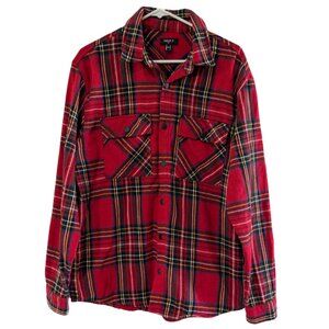 Forever 21 Men's Flannel Long Sleeve Button Down Shirt Jacket, Red Plaid, Large